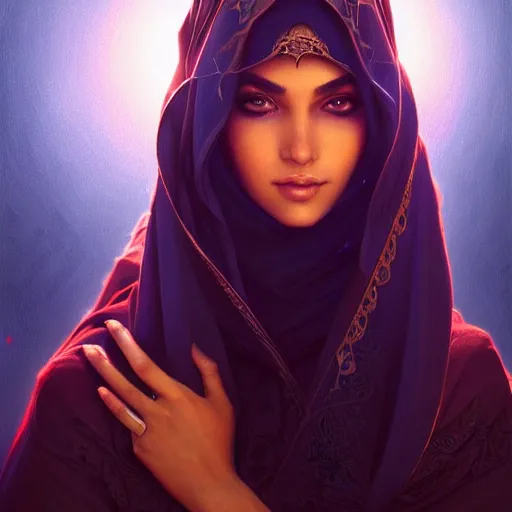 Image similar to Portrait of very very very very very very beautiful Arab woman, Niqab, glowing magical eyes, intricate, elegant, highly detailed, digital painting, artstation, concept art, smooth, sharp focus, illustration, art by artgerm and greg rutkowski and alphonse mucha