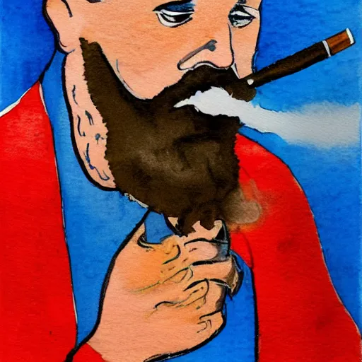 Image similar to Expressionism watercolor portrait of a man with a beard, he is smoking a cigarette, he is wearing a brown sweater