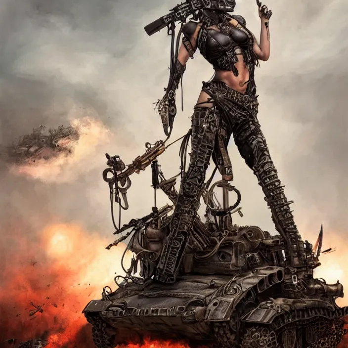 Image similar to beautiful apocalyptic woman with Mohawk, standing on mad max panzer tank, hyper-detailed, smooth, sharp focus, 4k ultra hd, fantasy dark art, tank girl, artgerm, artstation, octane render, elegant, detailed digital painting, apocalyptic art