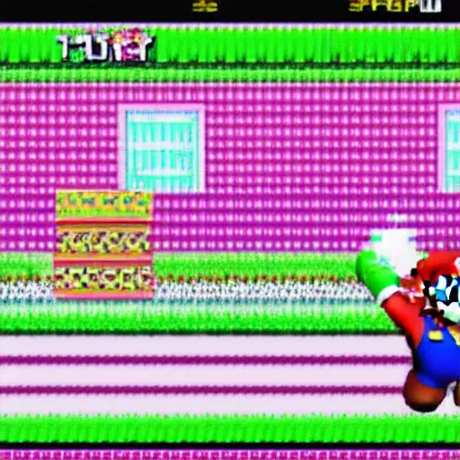 Prompt: Super Mario turns pink and dies SNES glitch