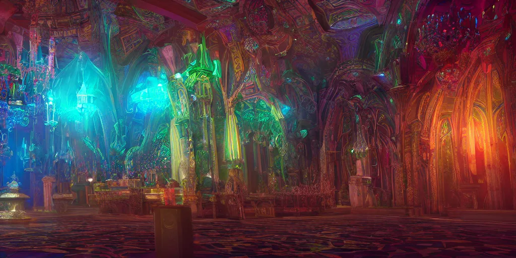 Prompt: jeweled enchanted crystal palace. unreal and octane and blender and unity render. post - processed color corrected. crisp. focused. sharp. vibrant. epic composition. symmetrical 8 k. uhd.
