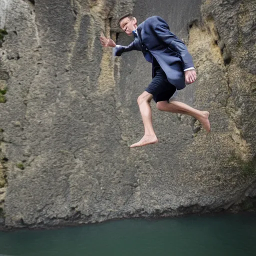 Prompt: Emmanuel Macron jumping of Normandy cliffs, 50mm photography, high quality, 4K