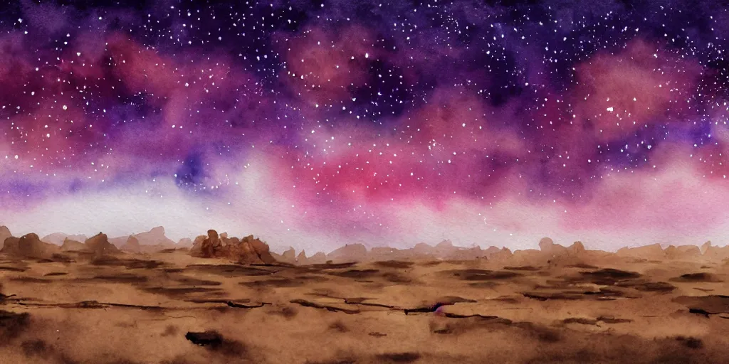 Image similar to desert with sky with stars in watercolor, cinematic, highly detailed wide, atmospheric lighting, muted colors