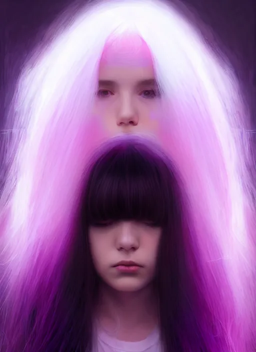 Image similar to hair whitebangs hair, black hair, whitebangs, portrait of teenage girl with white bangs, red irises, purple clothes, white bangs, bangs are different color from hair, intricate, elegant, glowing lights, highly detailed, digital painting, artstation, concept art, smooth, sharp focus, illustration, art by wlop, mars ravelo and greg rutkowski