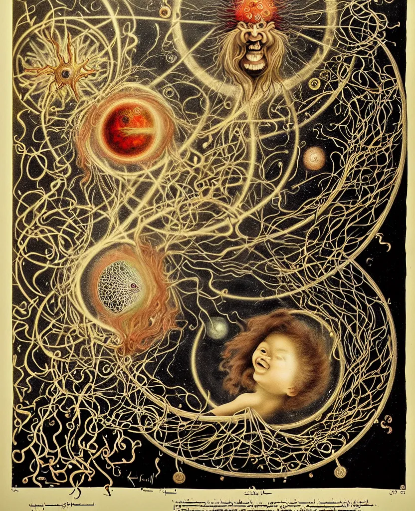 Image similar to a wild child creature radiates a unique canto'as above so below'while being ignited by the spirit of haeckel and robert fludd, breakthrough is iminent, glory be to the magic within, in honor of jupiter's day, painted by ronny khalil