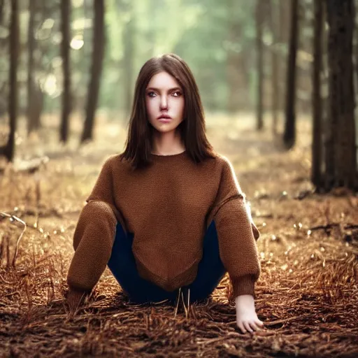 Image similar to real life photo of a beautiful girl, full body photoshoot, long brown hair, brown eyes, full round face, short smile, belly free, brown sweater, forest setting, cinematic lightning, medium shot, mid - shot, highly detailed, trending on artstation, unreal engine 4 k, 8 0 mm, 8 5 mm, cinematic wallpaper