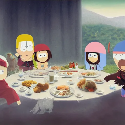 Image similar to milk - chan and ike from south park and stewie from family guy and bobby from bobby's world all sitting at the dinner table. in the style of the last supper by ruan jia fenghua zhong, ryohei hase, ismail inceoglu