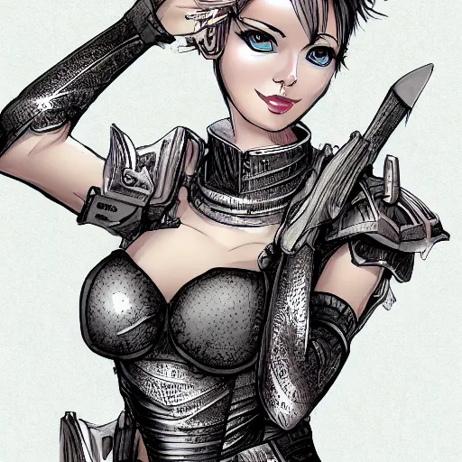 Prompt: Illustration of a girl with an armored bra, beautiful girl, short hair, detailed