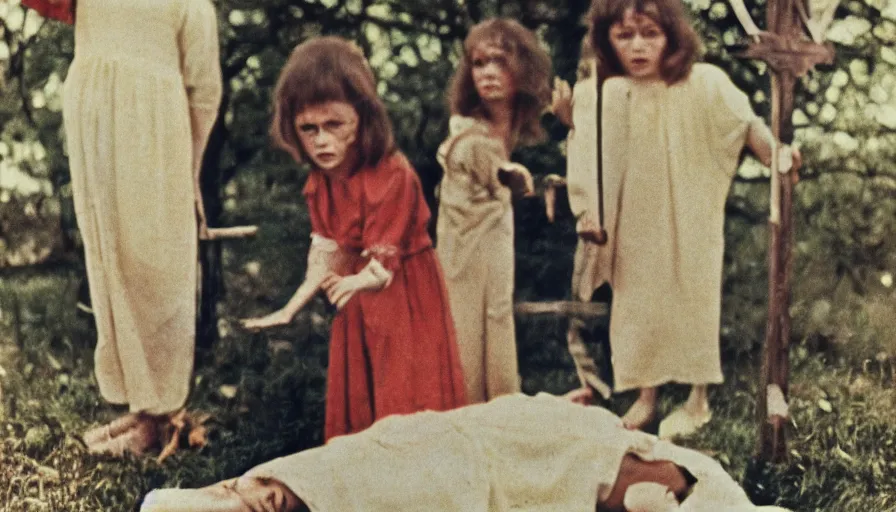 Prompt: 7 0 s film still from a horror movie about crucified children, kodachrome, cinecolor, cinestill, film grain, film texture, retro, cinematic, high resolution, photorealism,