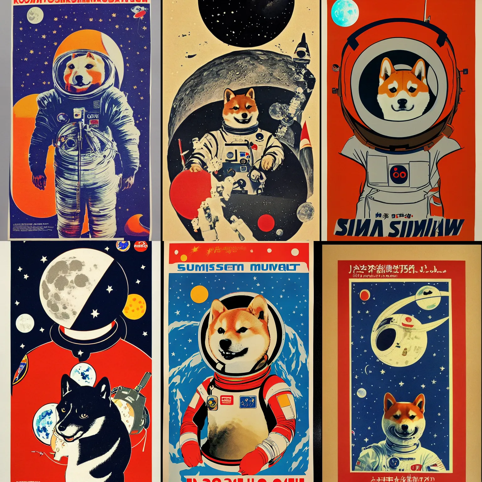 Image similar to Shiba Inu cosmonaut portrait, moon mission, 60s poster, 1968 Soviet Japanese