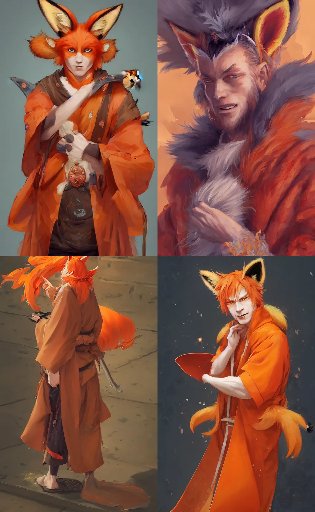 Prompt: An beautiful digital painting of an orange-haired man with fox ears and nine tails wearing a kimono, by Stanley Artgerm Lau, WLOP, Rossdraws, James Jean, Andrei Riabovitchev, Marc Simonetti, and Sakimichan, tranding on artstation, SFW version