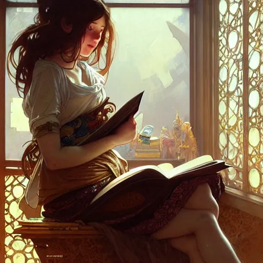 Image similar to Portrait of a girl in cluttered room, reading a book under the skylight, fantasy, intricate, elegant, highly detailed, digital painting, artstation, concept art, smooth, sharp focus, illustration, art by Krenz Cushart and Artem Demura and alphonse mucha