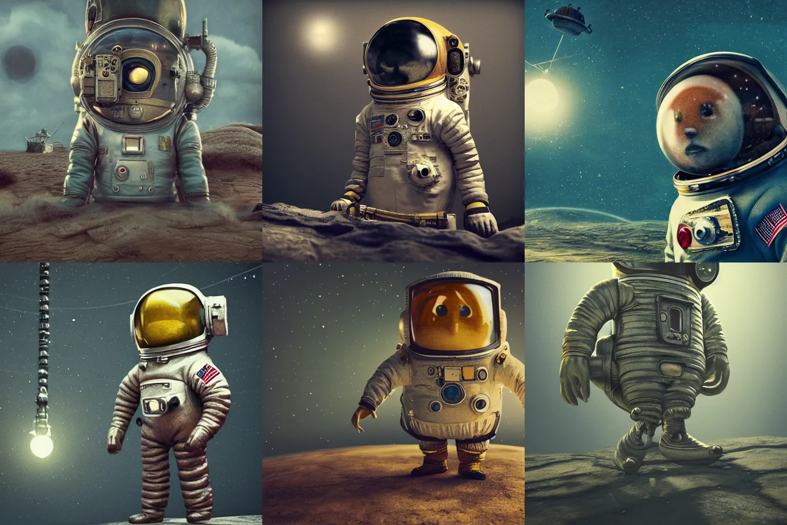 Prompt: Alexander Jansson Style, vintage astronaut in T pose, CGI, Many Details, Ultra Detailed, Octane Render, Real Engine 5 Cinematic, Realistic, Intricate Detail, Finely Detailed, Small Details, Extra Detail More details, tiny details, high resolution, 3D, PBR, path tracing, volumetric lighting, octane render, Arnold Render, 8k