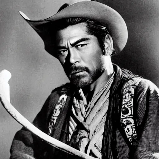 Image similar to still of toshiro mifune in a cowboy outfit, wild west