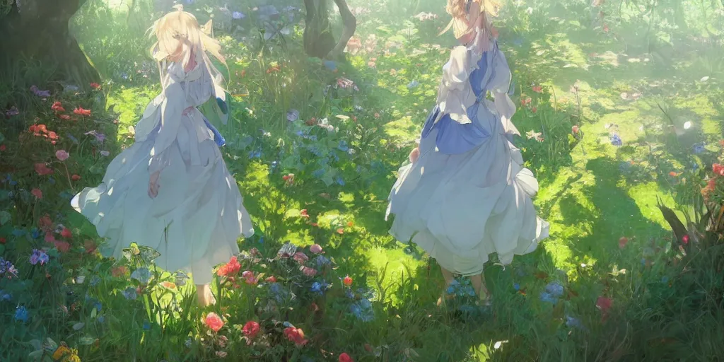 Image similar to a depressed digital art, loli in dress, garden, green and warm theme, blue accents, back lighting, highly detailed, 4 k resolution, trending on art station, by krenz cushart and mucha and akihito yoshida and greg rutkowski and makoto shinkai