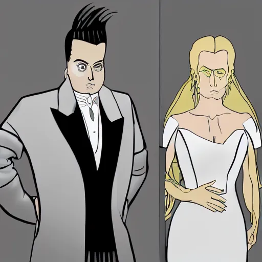 Image similar to cel shaded, square - jawed emotionless serious blonde woman starship engineer, tribal tattoos, handsome, short slicked - back hair, sweating, uncomfortable and anxious, wearing white and gold satin victorian gown with white feathers at opulent formal dinner, looking distracted, awkward, highly detailed, mike mignogna, david mack