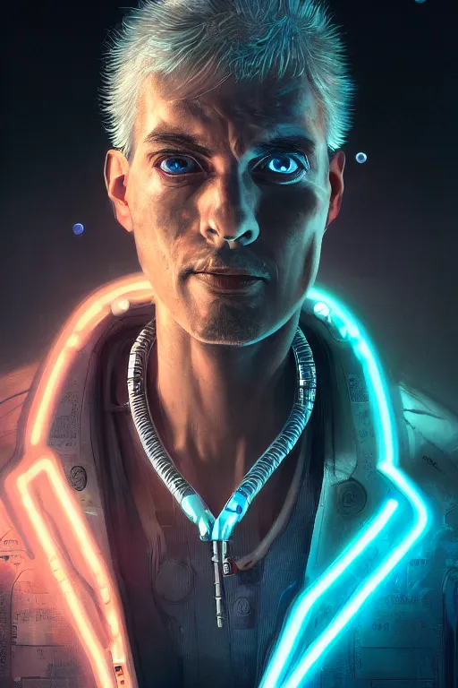 Image similar to illustration of an male cyberpunk character wearing bionic implants, criminal mugshot, highly detailed, oil on canvas, soft lighting, neon pastel colors, by WLOP and Greg Staples, HD, 4K