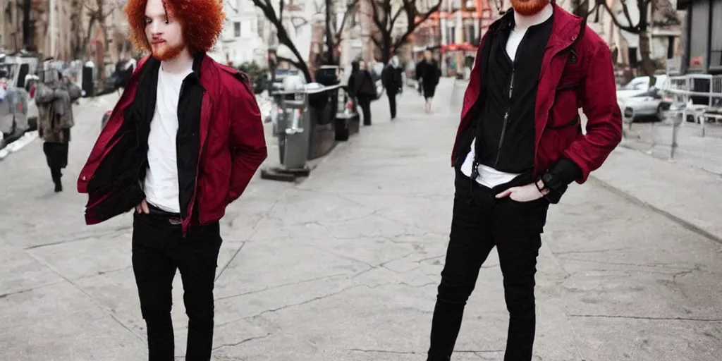 Image similar to man, man, man, man, red hair, black jacket, curly hair, fullbody, Caucasian, short hair,