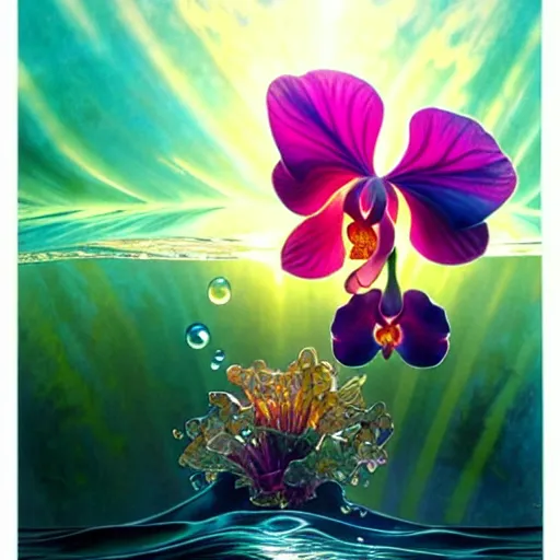 Image similar to detailed giant orchid flower surrounded by ocean wave, lsd water, lsd ripples, transparent droplets, backlit, sunset, refracted lighting, art by collier, albert aublet, krenz cushart, artem demura, alphonse mucha