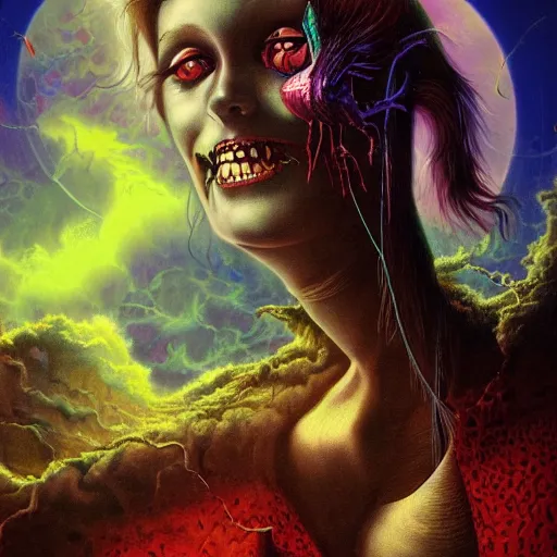 Prompt: Vampire traveling through a beautiful psychedelic world, horror, illustrated by Jim Burns, masterpiece, vibrant colors, trending on artstation