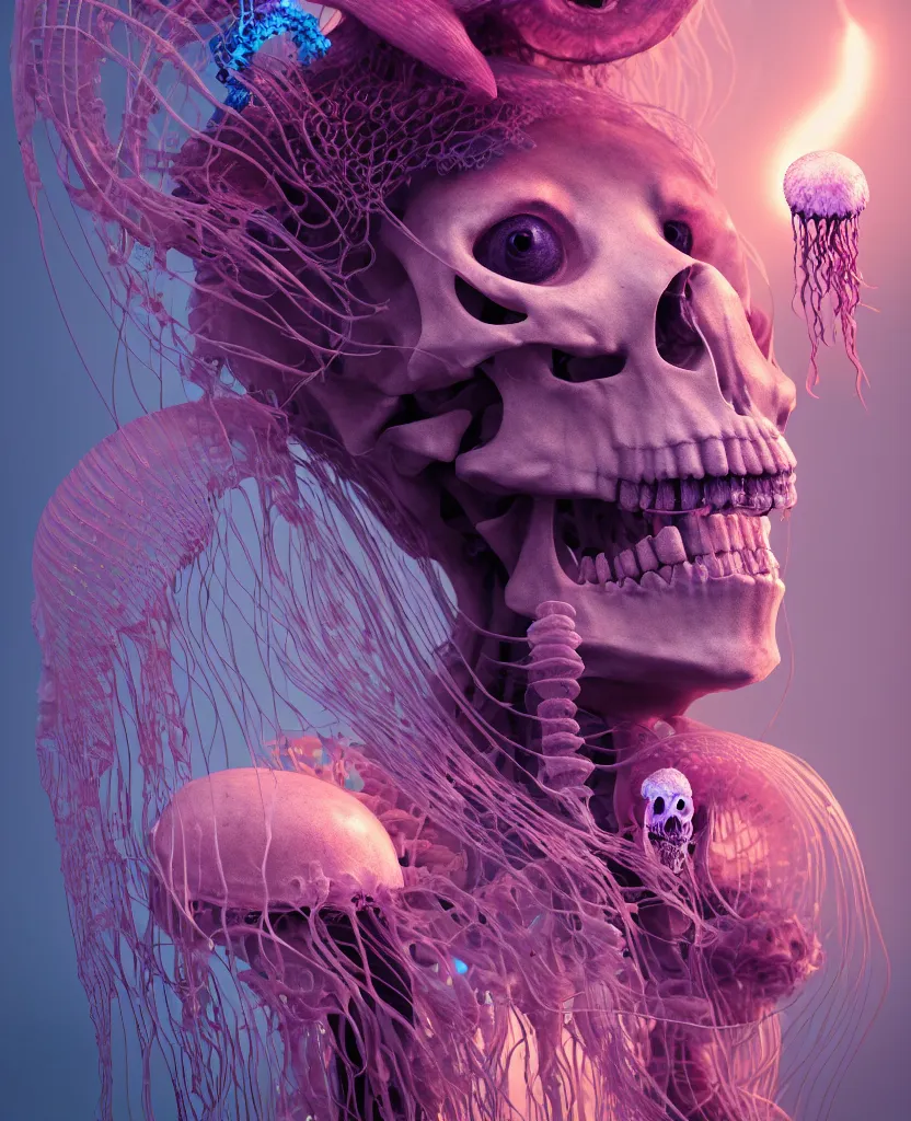 Image similar to goddess close - up portrait human skeleton, ram skull, jellyfish, orchid, betta fish, bioluminiscent, intricate artwork by tooth wu and wlop and beeple. octane render, trending on artstation, greg rutkowski very coherent symmetrical artwork. cinematic, hyper realism, high detail, octane render, 8 k