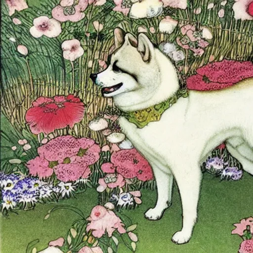 Prompt: akita inu dog wearing a floral kimono in a fanciful garden, by warwick goble and kay nielsen, highly detailed