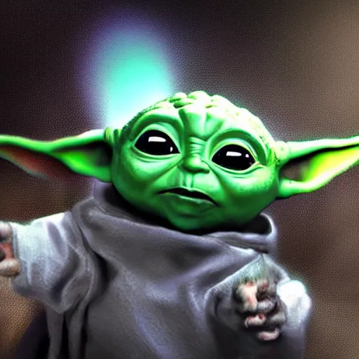 Prompt: baby yoda is injecting steroids to become the ruler of galaxies, digital art, volumetric lighting