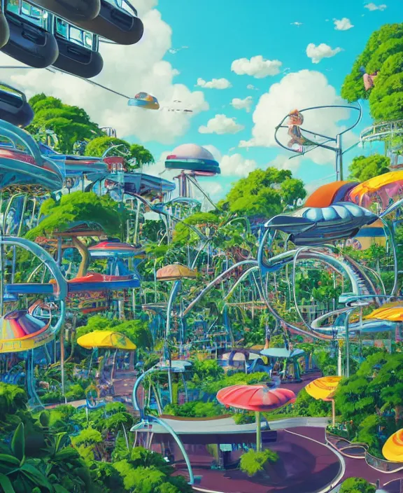 Image similar to simplicity, an amusement park made out of sleek fat asymmetrical organic creatures, in the style of an aerodynamic blobby spaceship, overgrown with orchids, partly cloudy, sun - drenched, dramatic lighting, by dan mumford, yusuke murata, makoto shinkai, ross tran, cinematic, unreal engine, cel shaded, featured on artstation, pixiv