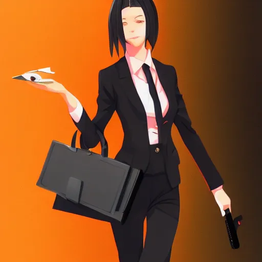 Prompt: a woman in a red business suit, she is holding a black briefcase, she is looking at us, anime art, digital painting, smooth, hd, realist