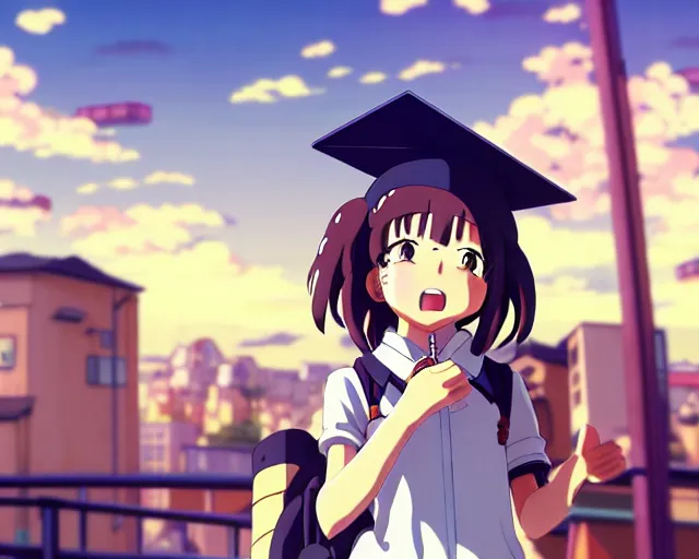 Image similar to anime fine details portrait of joyful school girl talk with robot, city landscape on the background deep bokeh, profile close-up view, anime masterpiece by Studio Ghibli. 8k, sharp high quality anime