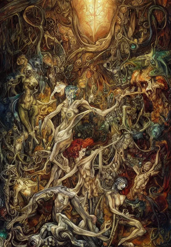 Image similar to colorful muscular eldritch bodies radiating town fractal, white bones, white skeletons, by h. r. giger and esao andrews and maria sibylla merian eugene delacroix, gustave dore, thomas moran, pop art, chiaroscuro, biopunk, art nouveau