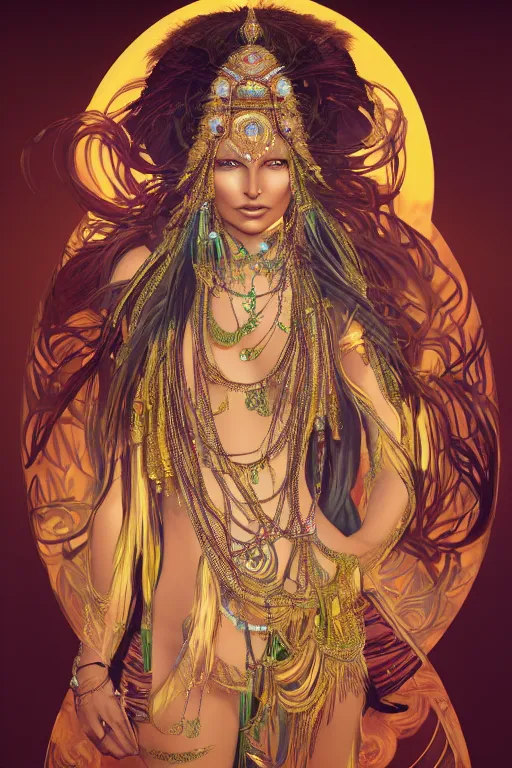 Image similar to a photo of a beautiful indian ancient alien woman goddess kate moss in jewelery and fractals in style of alphonse mucha art nuvo trending on artstation made in unreal engine 4 octane render in 8 k