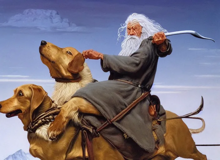 Image similar to Highly detailed oil painting of Gandalf the White riding a dachshund, intricate artwork by Angus McBride, John Howe, Matthew Stewart, Ted Nasmith, heroic fantasy