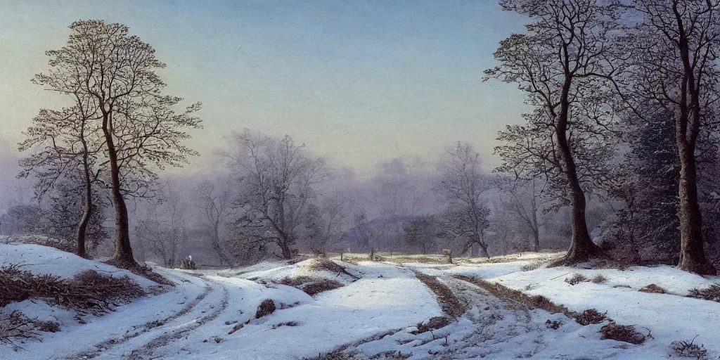 Prompt: a beautiful landscape painting of a path through countryside fields and patches of woodland, winter season, by caspar david friedrich, oil on canvas, highly detailed, hd, 4 k