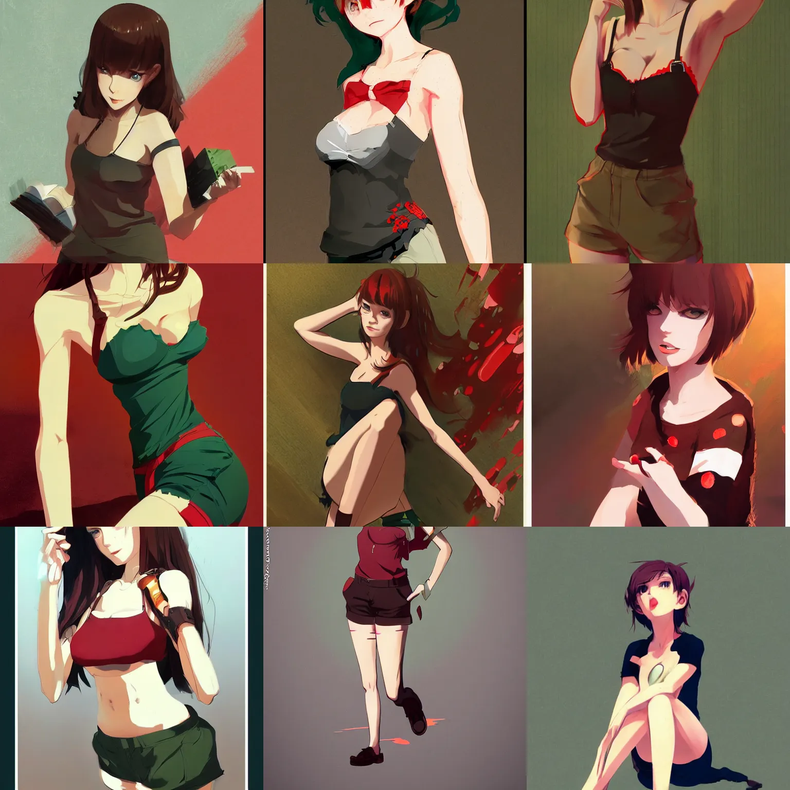 Prompt: gorgeous woman with brown hair and green eyes, wearing a shorts and a camisole, red and black color palette, in the style of and ilya kuvshinov and greg rutkowski, high quality anime artstyle, intricate