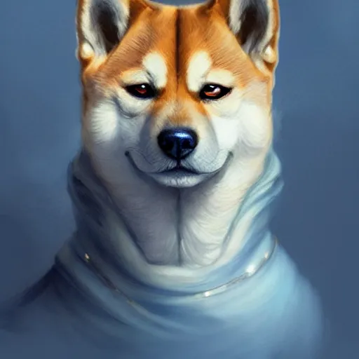 Prompt: Portrait of Shiba Inu, blue eyes, fantasy, intricate, elegant, highly detailed, digital painting, artstation, concept art, smooth, sharp focus, illustration, art by artgerm and greg rutkowski and alphonse mucha