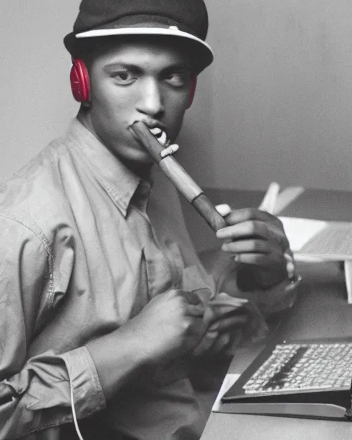 Image similar to a photo of a young man with a cigar on the mouth writing on the laptop while sitting on a chair, he has headphones and a red cap, wears a watch,