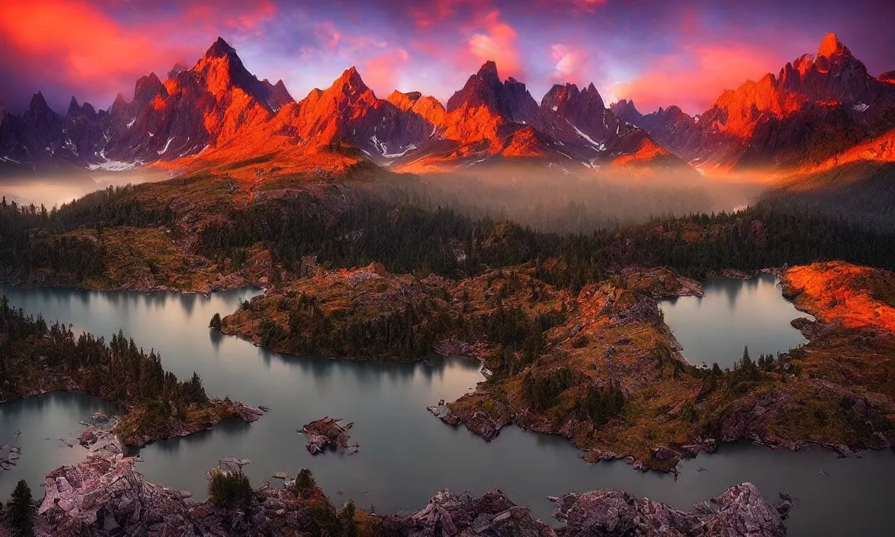 Image similar to amazing landscape photo of mountains with lake in sunset by marc adamus, beautiful dramatic lighting