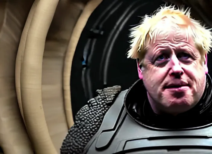 Image similar to boris johnson as baron harkonnen in a black oil bath in a still from the film Dune (2021)