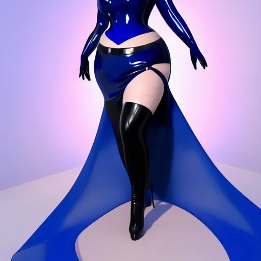 Image similar to curvy feminine hot goth cutie in a sublime elegant polished blue latex neck-high gown with white-golden trim and latex leggings, thin waist, cgsociety, photorealistic, comfy ambience, idealistic, 16k, smooth, sharp focus, trending on ArtStation, volumetric lighting, fully clothed, worksafe