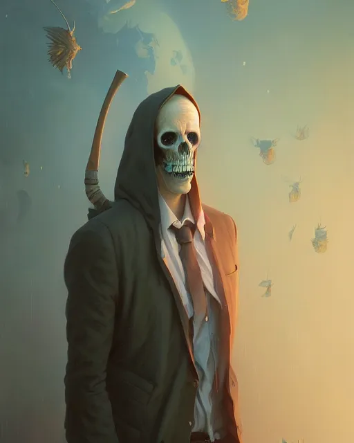 Image similar to highly detailed surreal vfx portrait of a mannerspunk grim reaper, stephen bliss, unreal engine, greg rutkowski, loish, rhads, beeple, makoto shinkai and lois van baarle, ilya kuvshinov, rossdraws, tom bagshaw, alphonse mucha, global illumination, detailed and intricate environment