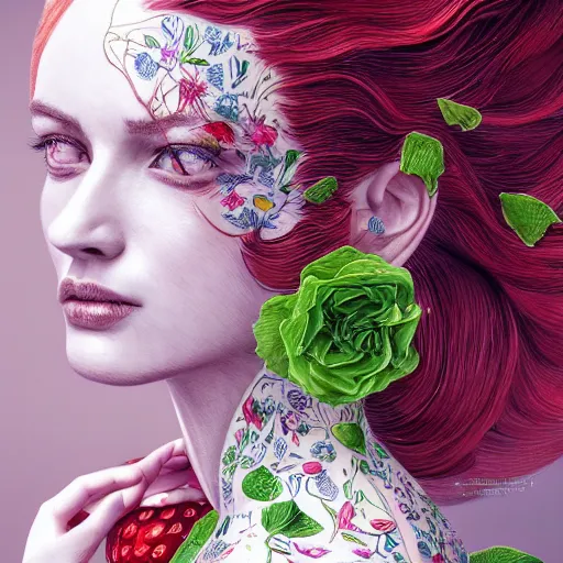 Image similar to the portrait of an absurdly beautiful, graceful, elegant, sophisticated, stylish woman made of strawberries and green petals looking up, an ultrafine hyperdetailed illustration by kim jung gi, irakli nadar, intricate linework, bright colors, octopath traveler, final fantasy, unreal engine 5 highly rendered, global illumination, radiant light, detailed and intricate environment