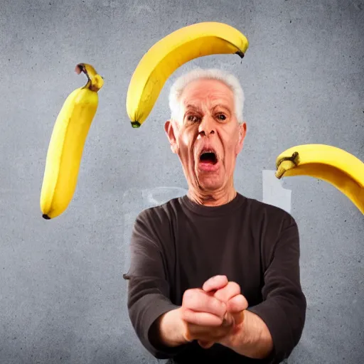 Prompt: Stock photo of angry old man throwing bananas, lighting, 4k, stock photo