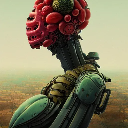 Image similar to Concept Digital Art Highly detailed Watermelon warlord by Stephen Hickman and Beeple. Very highly detailed 8K,Pentax 67, Kodak Portra 400 in style of Hiromasa Ogura Ghost in the Shell, the golden ratio, rational painting