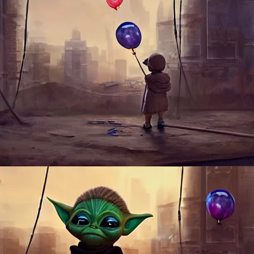 Image similar to masterful digital art, eye - level view, medium - shot, baby yoda is at the busy school playground in a cyberpunk city. baby yoda smiles and plays on a swing set. golden hour. realism, detailed, depth, chiaroscuro, limited color palette. in the background some balloons float in the sky. mandalorian ( tv ).