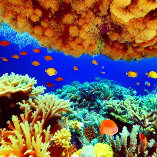 Prompt: Underwater view of a coral reef