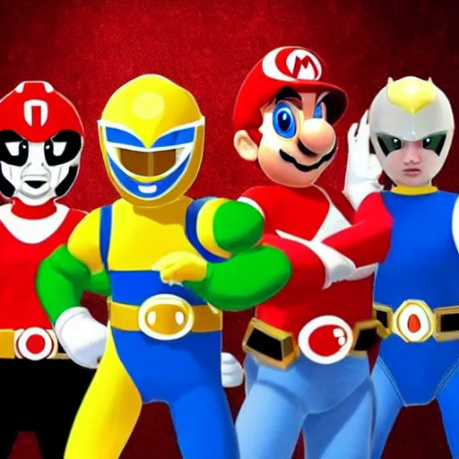 Image similar to power rangers fighting super mario