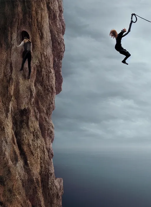 Image similar to action shot of Nicole Kidman hanging from a cliff face, Les Edwards, Zdzislaw Beksinski, Carl Gustav Carus, John Harris, Michal Karcz, Zhang Kechun, Mikko Lagerstedt, Scott Listfield, Steven Outram, Jessica Rossier