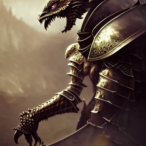 Image similar to highly detailed realistic stunning shot of a beautiful anthropomorphic female dragon knight, resting a detailed and engraved longsword over her armored shoulder, cloak flittering in the wind, high quality, HD octane render, epic cinematography, Artstation, Deviantart, Furaffinity