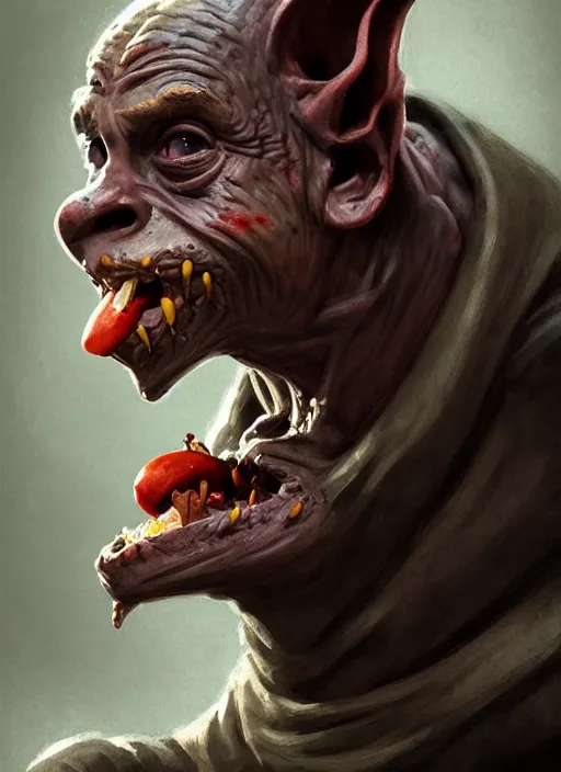 Image similar to profile face portrait of a medieval goblin eating cakes in the cloisters, beautiful face, hyper realistic, highly detailed, digital painting, artstation, illustration, concept art by hyung tae and frank frazetta, digital paint, matte paint, washed colors, dark, gloomy